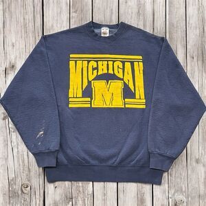 VTG Michigan Wolverines Sweatshirt Mens L Blue 90s Spell-OUT Fruit of Loom USA